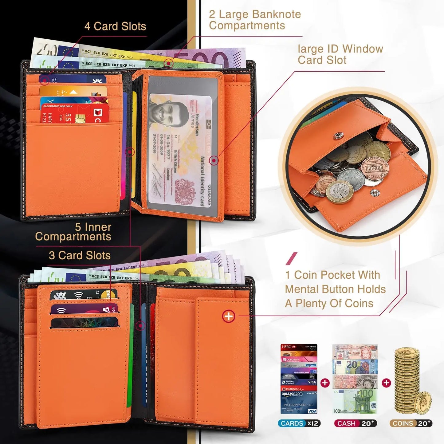 Men's RFID-Blocking Genuine Leather Wallet featuring 12 Credit Card Slots, Coin Pocket, 2 Banknote Compartments, and an ID Windo