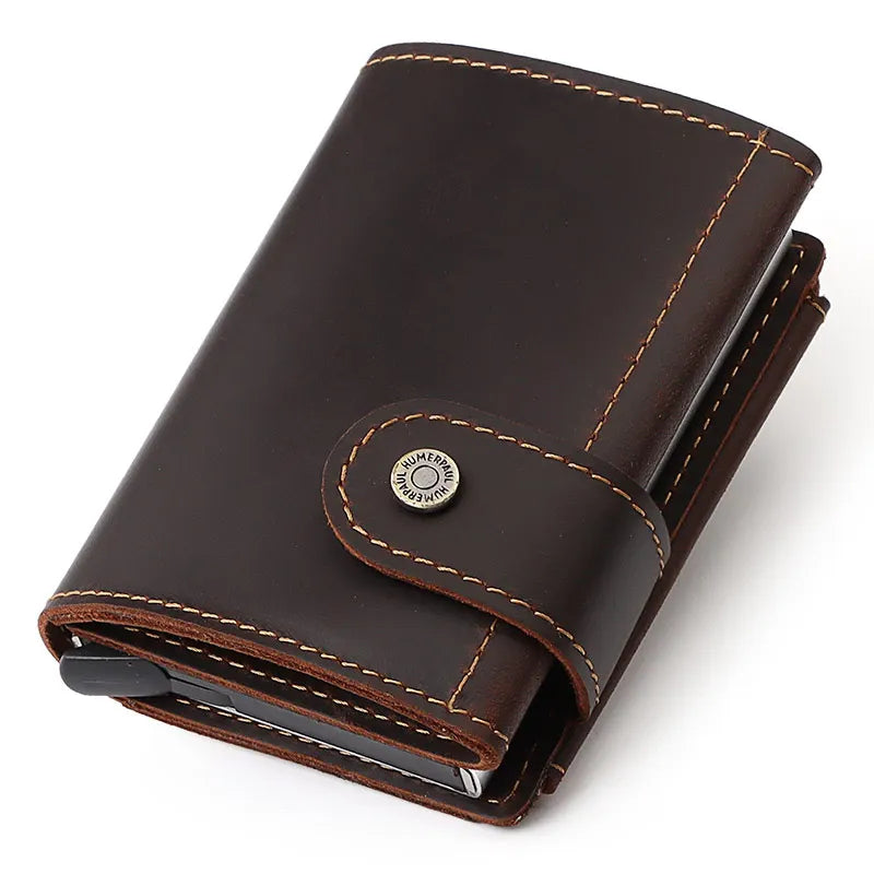 Cowhide Leather Pop-Up Credit Card Holder RFID Blocking Bank Card Case Minimalist Wallet for Men Money Clip with Coin Pocket
