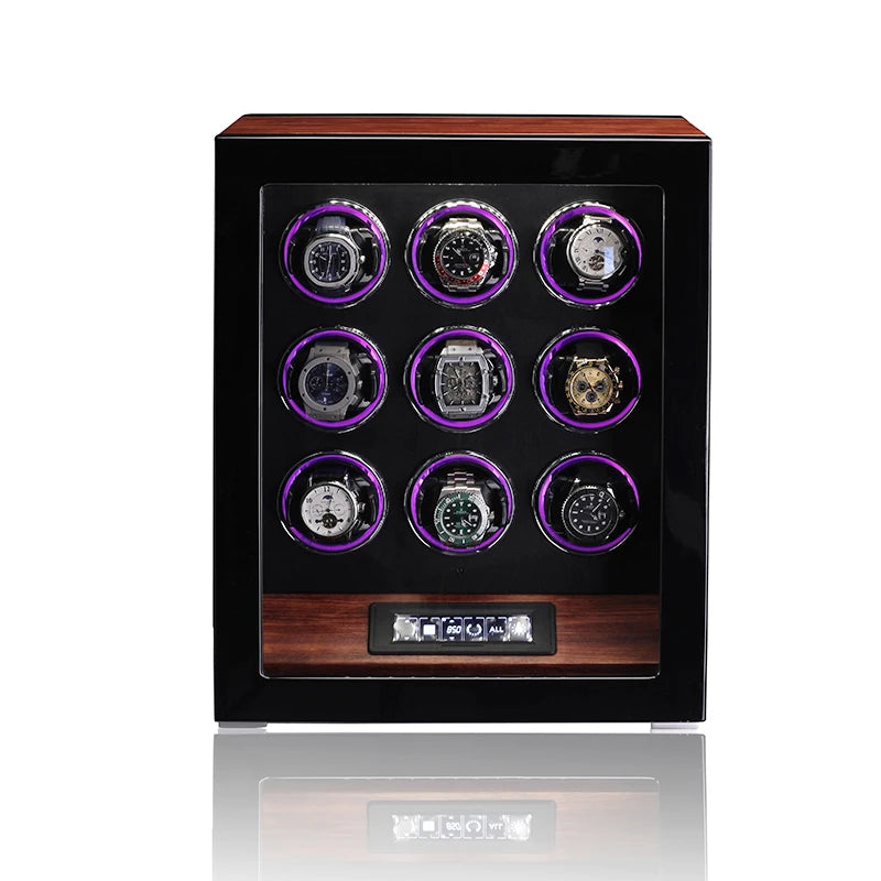 Embers Wooden Watch Winder 9 Watches Box Storage Collect Vertical Shaker Mechanical Watch Winding Touch Screen With Fingerprint