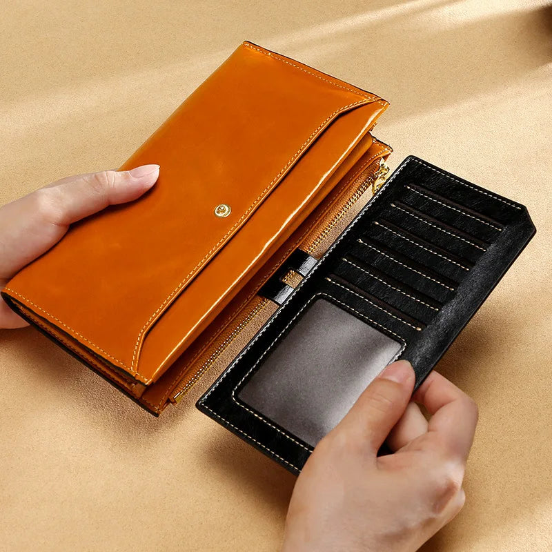 RFID Blocking Genuine Leather Women Wallet Long Lady Leather Purse Brand Design Luxury Oil Wax Leather Female Wallet Coin Purse