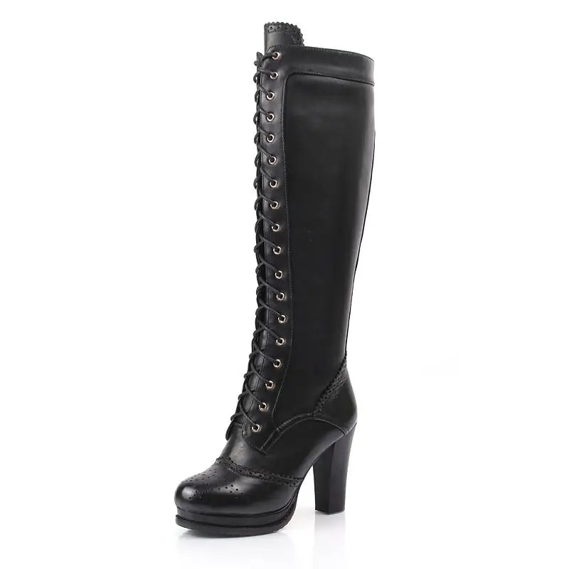 MORAZORA Plus size 34-43 New Genuine leather knee high boots women lace up platform high heels winter riding boots female shoes