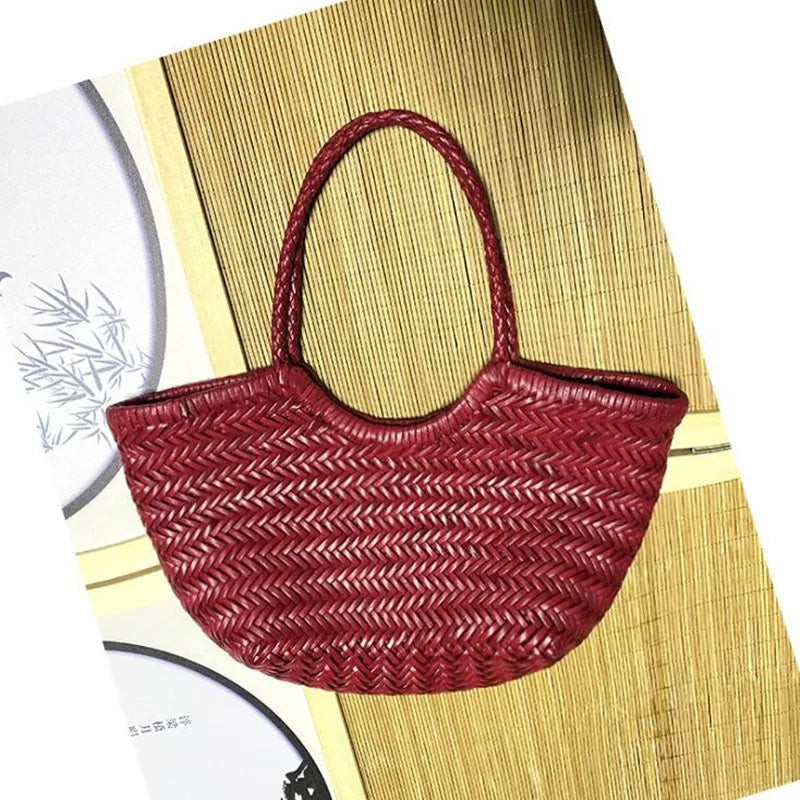 Hand Knitted Designer Genuine Leather Elegant Handle Female Totes Vintage Women's Handbag Cowskin Lady Large Shoulder Bag