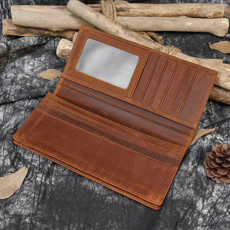 Luufan High Quality Genuine Leather Long Wallet Bifold Men Purse With Photo Coin Business Card Slot Leather Male Wallet Brown