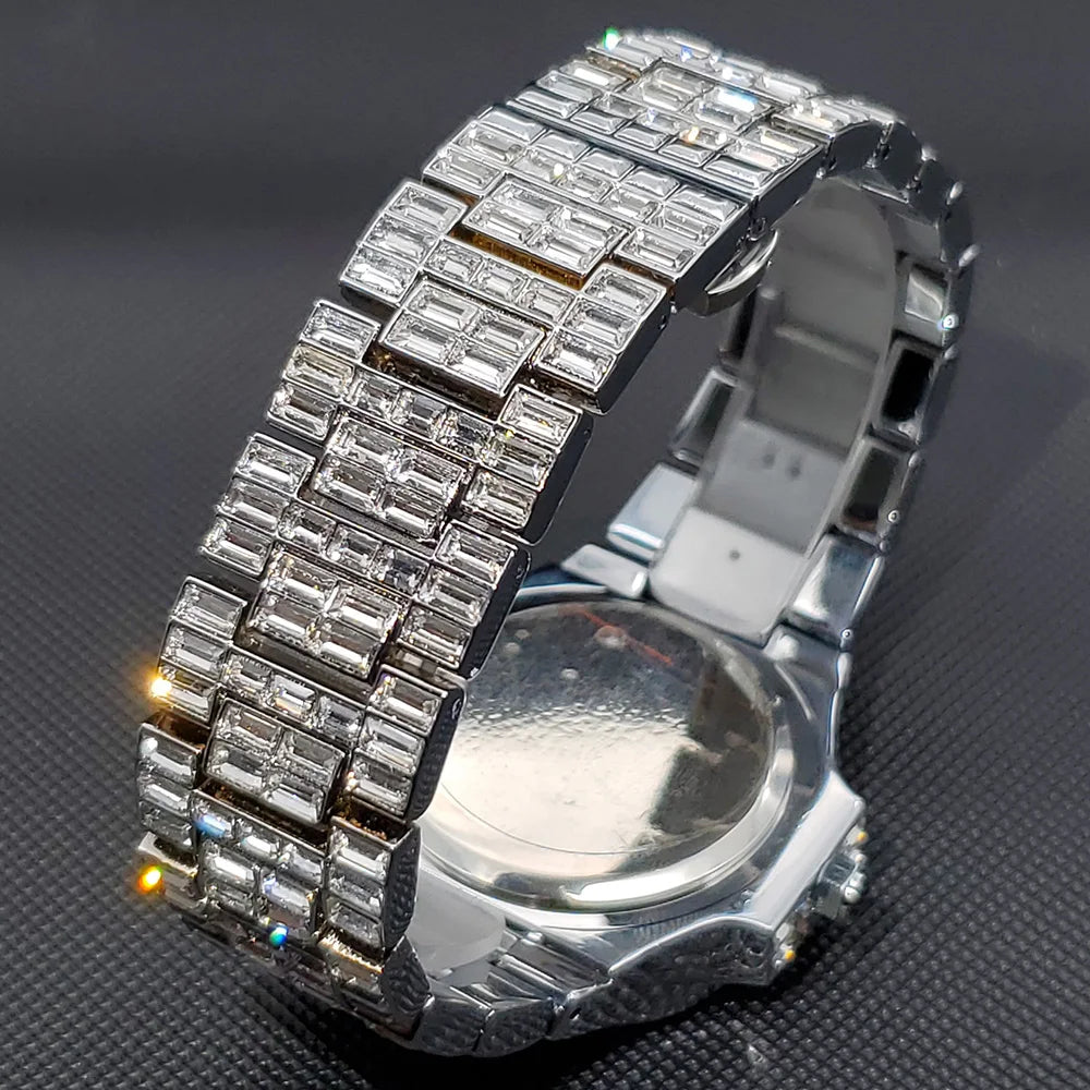 MISSFOX New Ice Out Watches For Men Top Brand Stainless Steel Automaitc Date Clock Fashion Hip Hop Full Diamond Bling Watch Male