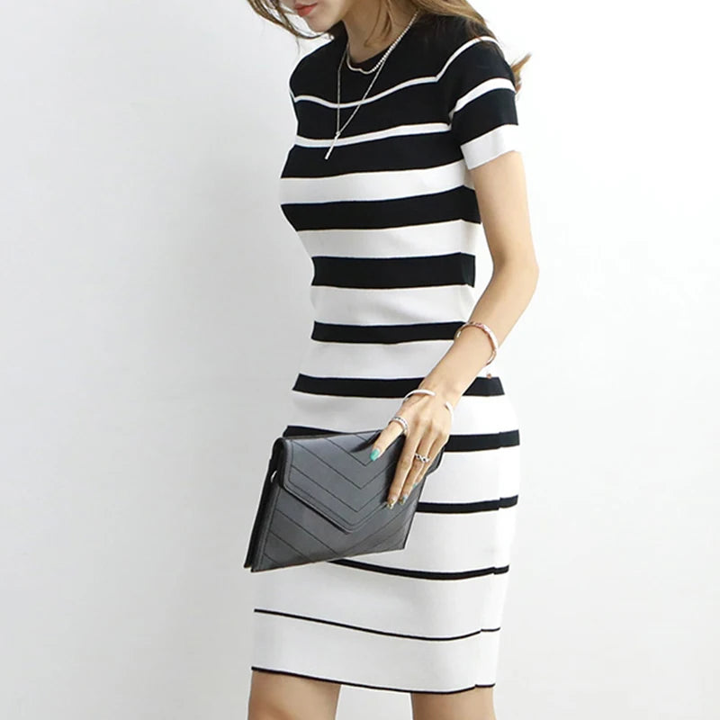 H Han Queen New Autumn Summer Women Vintage Stripe Knitted Dresses Office Bodycon Pencil Sheath Dress Simple Bottoming Vestidos