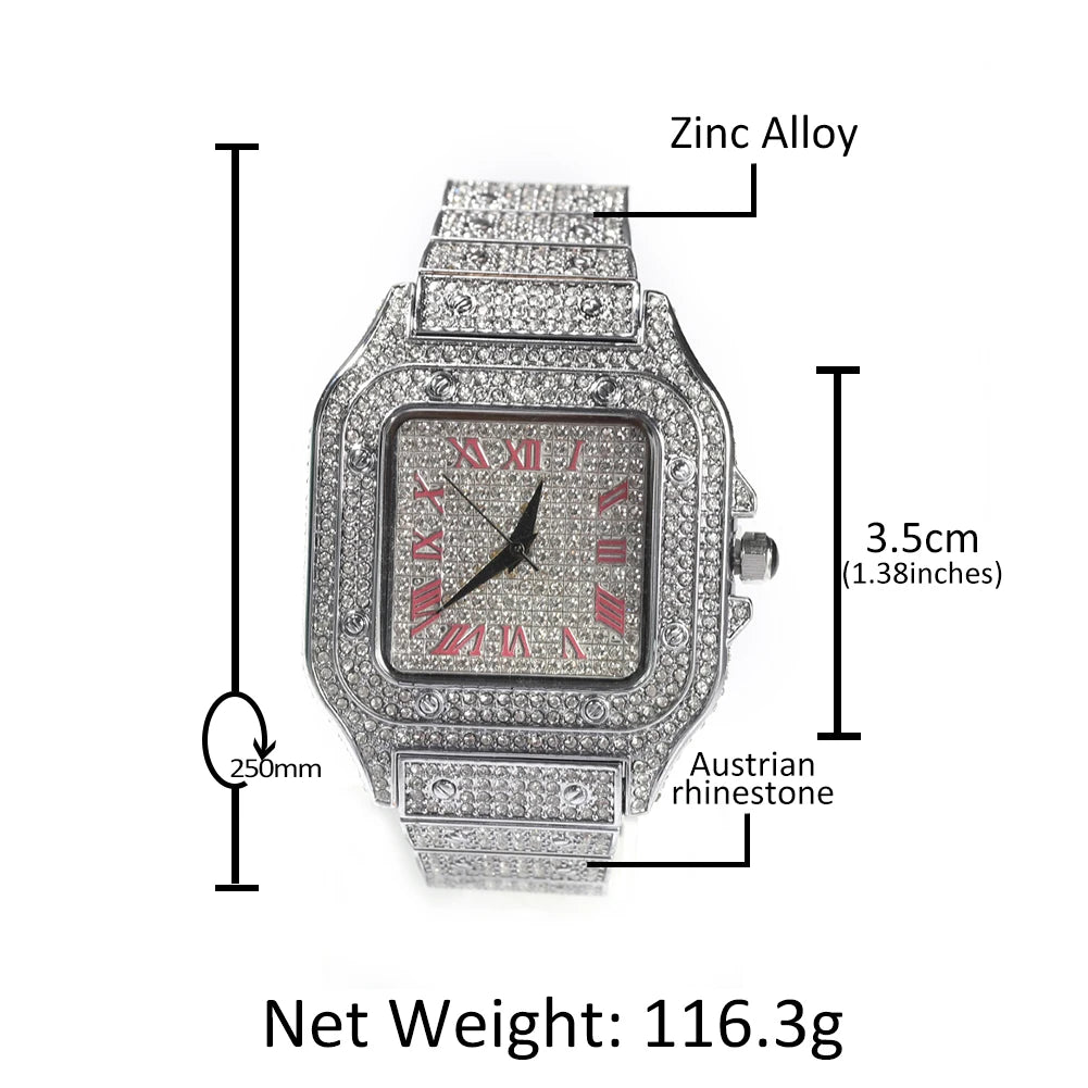 THE BLING KING Iced Out Men Watch Square Diamond Pink Blue Numbers Quartz Luxury Wrist Watches Roman Clock Relogio Masculino