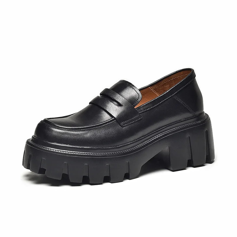 BEAUTODAY Platform Penny Loafers Women Genuine Cow Leather Round Toe 2023 Slip On Chunky Sole Ladies Casual Shoes Handmade 27733