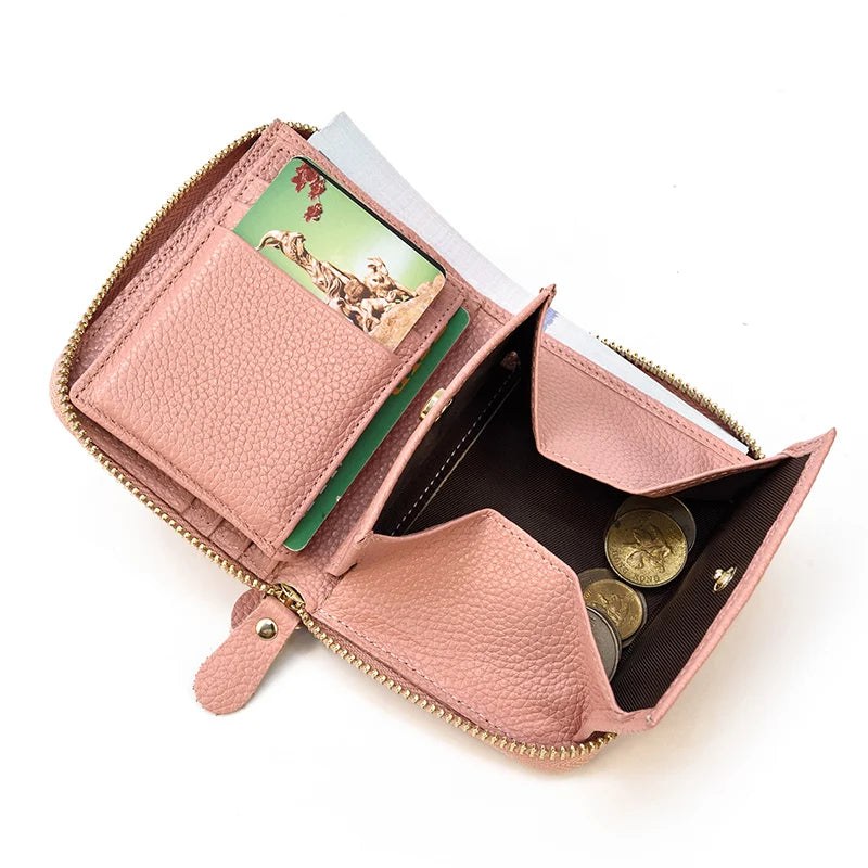 Luufan Genuine Leather Short Wallet Men Women Natural Cowskin Short Purse With Coin Pocket Zipper Around Card Purse Small Wallet