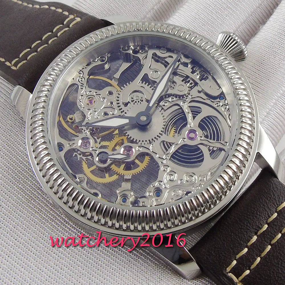 44mm PARNIS Hollow Men's Watch Luminous Hands 17 Jewels Mechanical 6497 Skeleton Hand Winding Movement Men's Watch