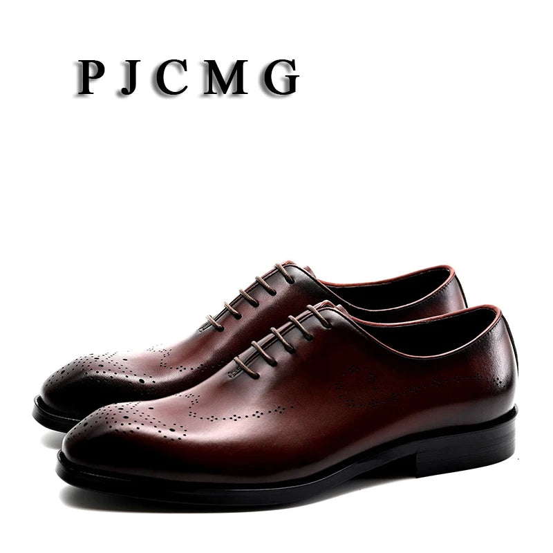 PJCMG Fashion Men Oxford Male Black/Red Lace-Up Solid Pointed Toe Dress Genuine Leather Wedding Business Oxfords Shoes