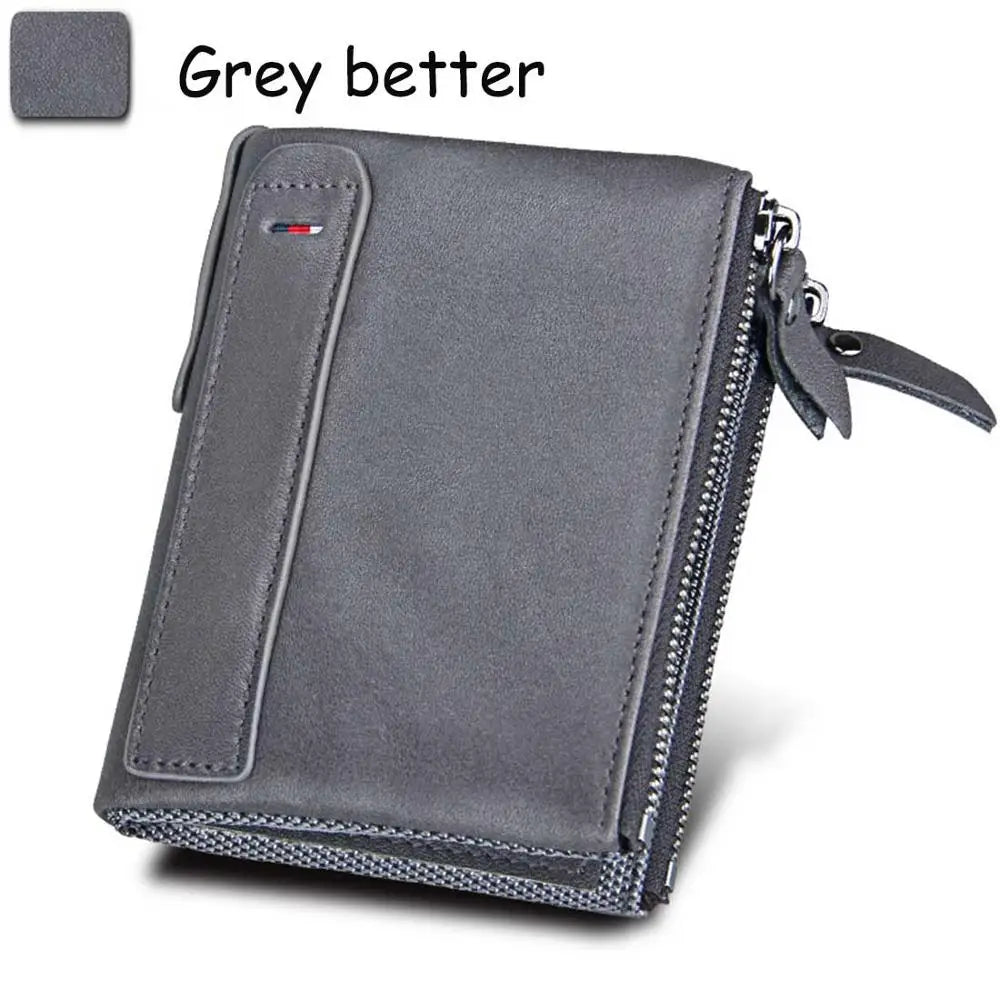 Genuine Cow Leather Men Wallets RFID Double Zipper Card Holder High Quality Male Wallets Purse Vintage Coin Holder Men Wallets