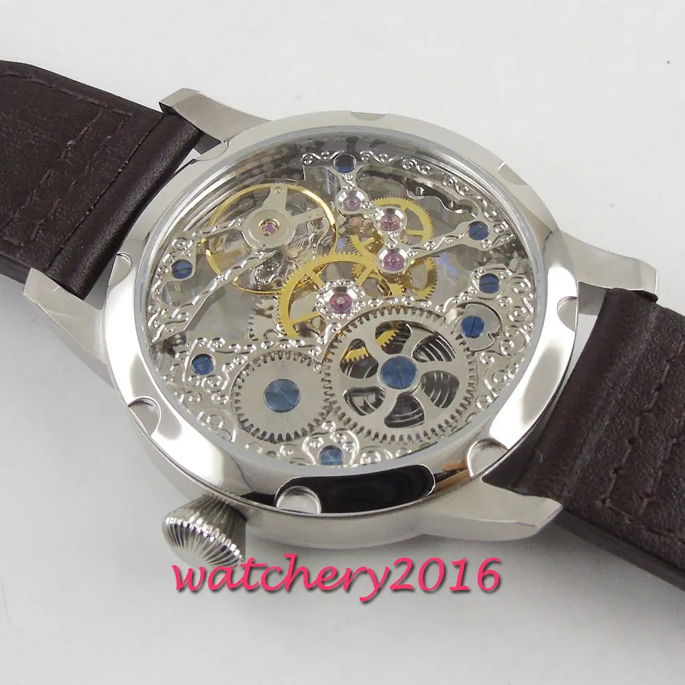 44mm PARNIS Hollow Men's Watch Luminous Hands 17 Jewels Mechanical 6497 Skeleton Hand Winding Movement Men's Watch