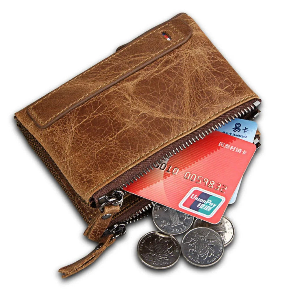 Genuine Cow Leather Men Wallets RFID Double Zipper Card Holder High Quality Male Wallets Purse Vintage Coin Holder Men Wallets