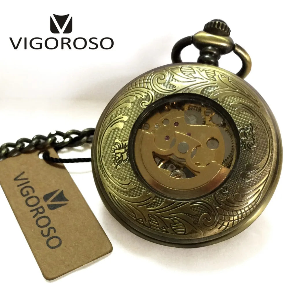Antique Automatic Pocket Watch Mechanical Self-winding Skeleton Arabic Numerals Bronze Alloy Case Fob Chain Vintage Clock Men
