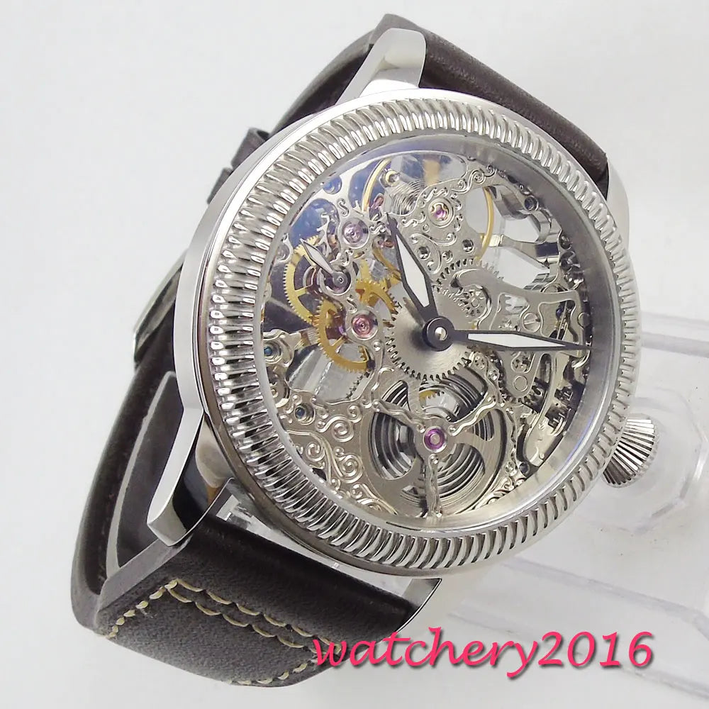 44mm PARNIS Hollow Men's Watch Luminous Hands 17 Jewels Mechanical 6497 Skeleton Hand Winding Movement Men's Watch