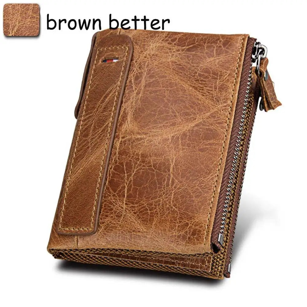 Genuine Cow Leather Men Wallets RFID Double Zipper Card Holder High Quality Male Wallets Purse Vintage Coin Holder Men Wallets