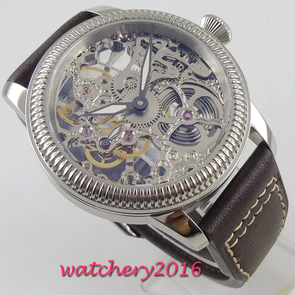 44mm PARNIS Hollow Men's Watch Luminous Hands 17 Jewels Mechanical 6497 Skeleton Hand Winding Movement Men's Watch