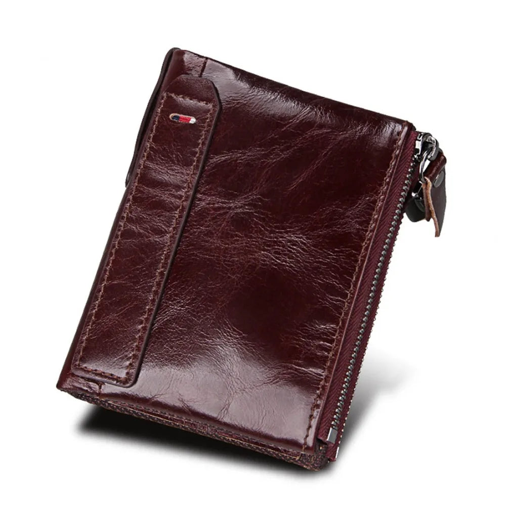 Genuine Cow Leather Men Wallets RFID Double Zipper Card Holder High Quality Male Wallets Purse Vintage Coin Holder Men Wallets