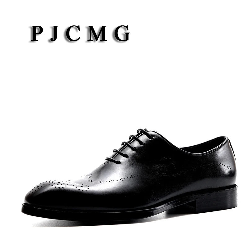 PJCMG Fashion Men Oxford Male Black/Red Lace-Up Solid Pointed Toe Dress Genuine Leather Wedding Business Oxfords Shoes