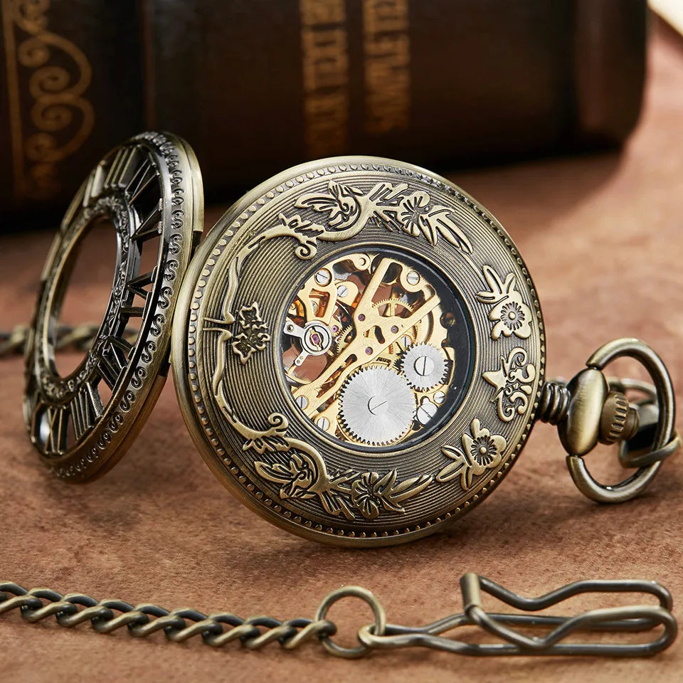 Retro Silver Mechanical Pocket Watch With Chain Unique Roman Numerals Hollow Sculpture Hand Wind Mechanical Pocket Watches Mens