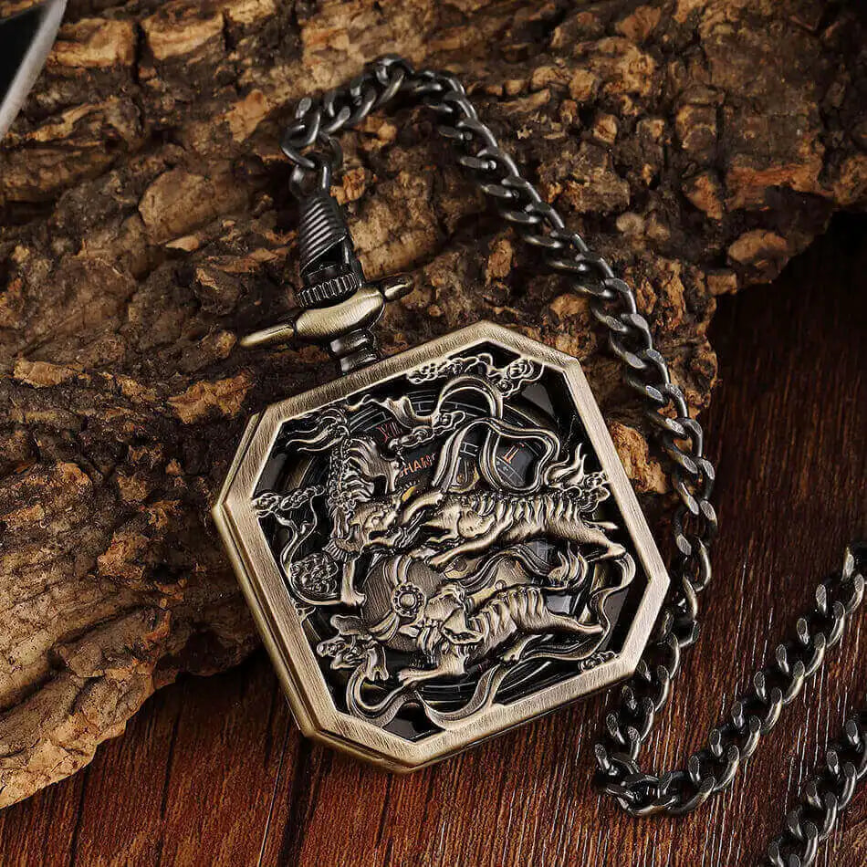 New Square Mehanical Pocket Watch Chains Chinese Beast Kylin Hollow Skeleton Engraved Fob Watches Steampunk for Men Women Reloj