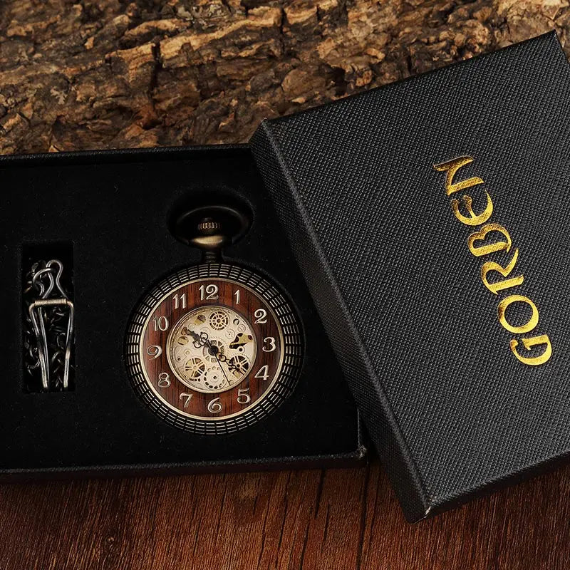 Unique Wood Circel Gear Dial Bronze Antique Mechanical Pocket Watch Men Vintage Engraved Fob Hand Wind Steampunk Watch Women