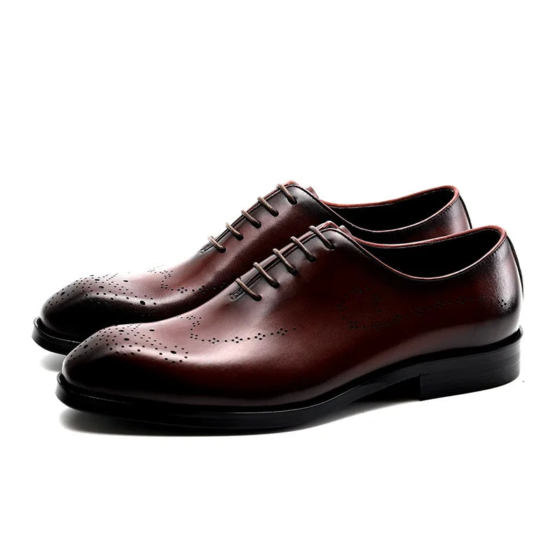 PJCMG Fashion Men Oxford Male Black/Red Lace-Up Solid Pointed Toe Dress Genuine Leather Wedding Business Oxfords Shoes