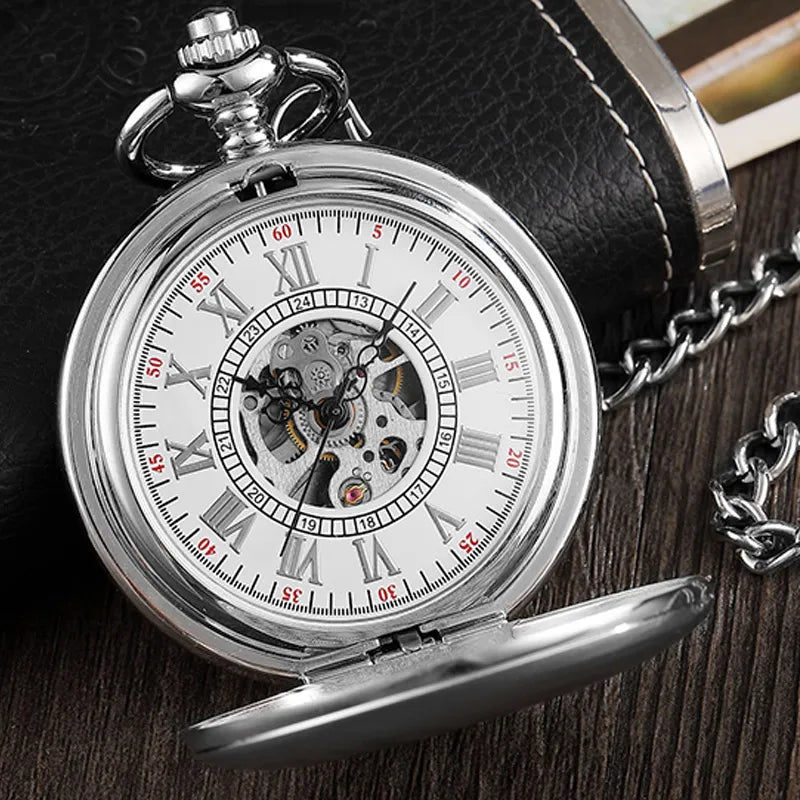 Vintage Silver Pocket Watch Mechanical Man Hand Wind Steampunk Necklace Fob Watch Chain Roman Numerals Lady Clock For Women Men