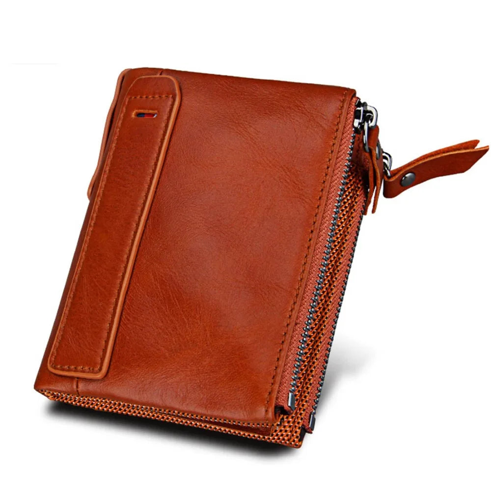 Genuine Cow Leather Men Wallets RFID Double Zipper Card Holder High Quality Male Wallets Purse Vintage Coin Holder Men Wallets