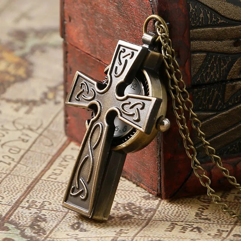 Cool Cross Design Vintage Bronze Quartz Fob Pendant Pocket Watch With Necklace Chain Best Gift