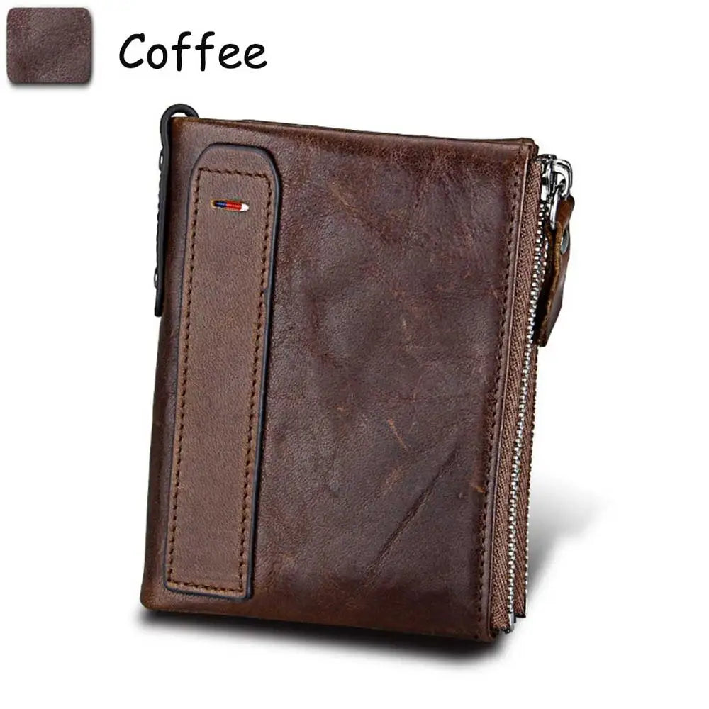 Genuine Cow Leather Men Wallets RFID Double Zipper Card Holder High Quality Male Wallets Purse Vintage Coin Holder Men Wallets