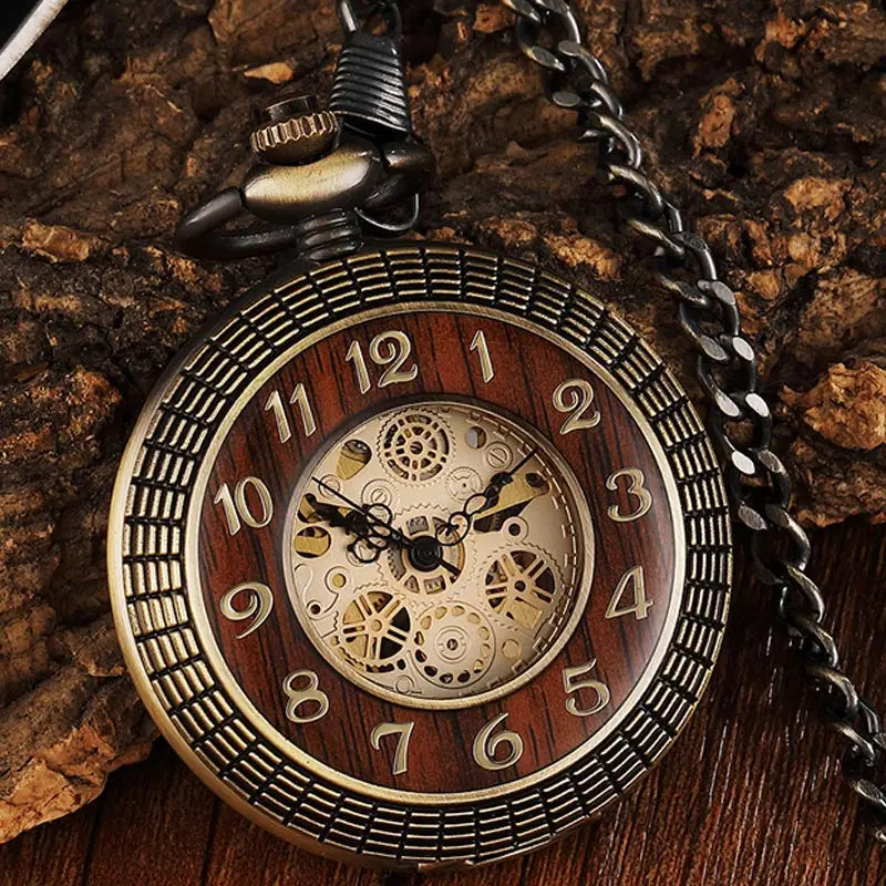 Unique Wood Circel Gear Dial Bronze Antique Mechanical Pocket Watch Men Vintage Engraved Fob Hand Wind Steampunk Watch Women