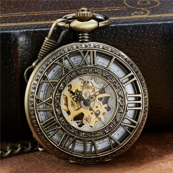 Retro Silver Mechanical Pocket Watch With Chain Unique Roman Numerals Hollow Sculpture Hand Wind Mechanical Pocket Watches Mens