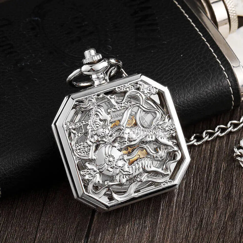 New Square Mehanical Pocket Watch Chains Chinese Beast Kylin Hollow Skeleton Engraved Fob Watches Steampunk for Men Women Reloj