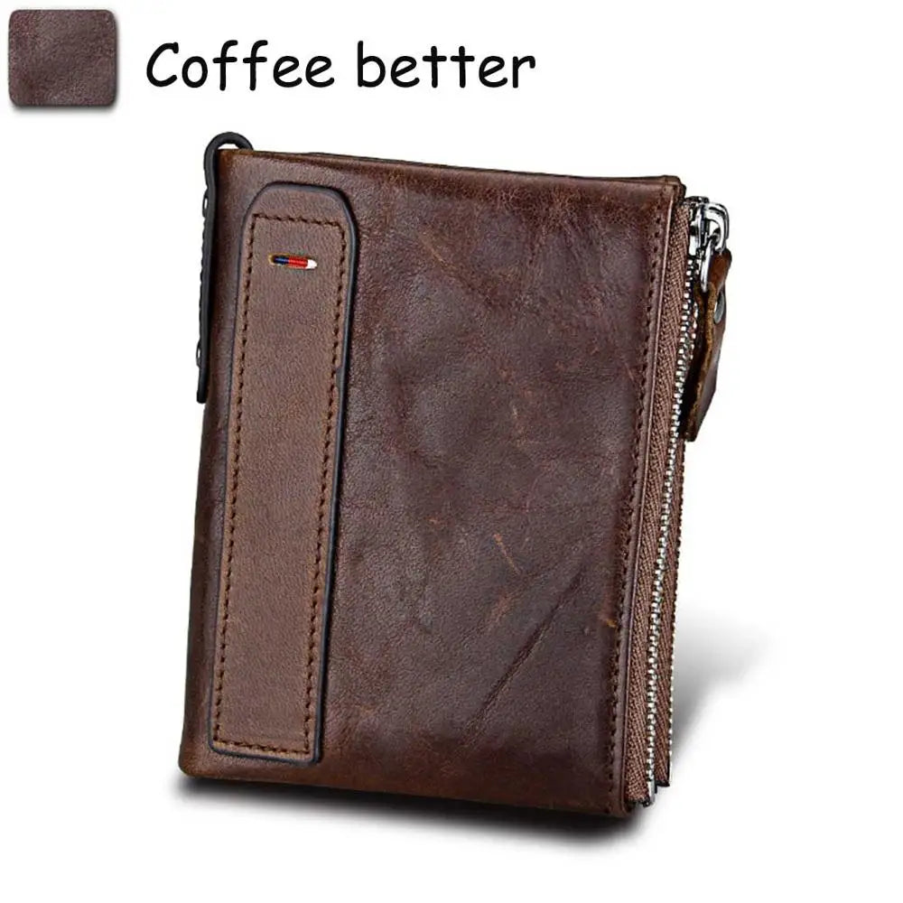 Genuine Cow Leather Men Wallets RFID Double Zipper Card Holder High Quality Male Wallets Purse Vintage Coin Holder Men Wallets