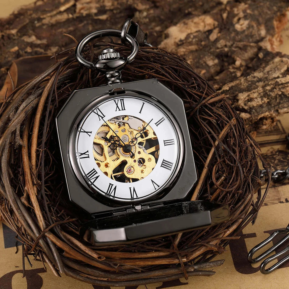 New Square Mehanical Pocket Watch Chains Chinese Beast Kylin Hollow Skeleton Engraved Fob Watches Steampunk for Men Women Reloj