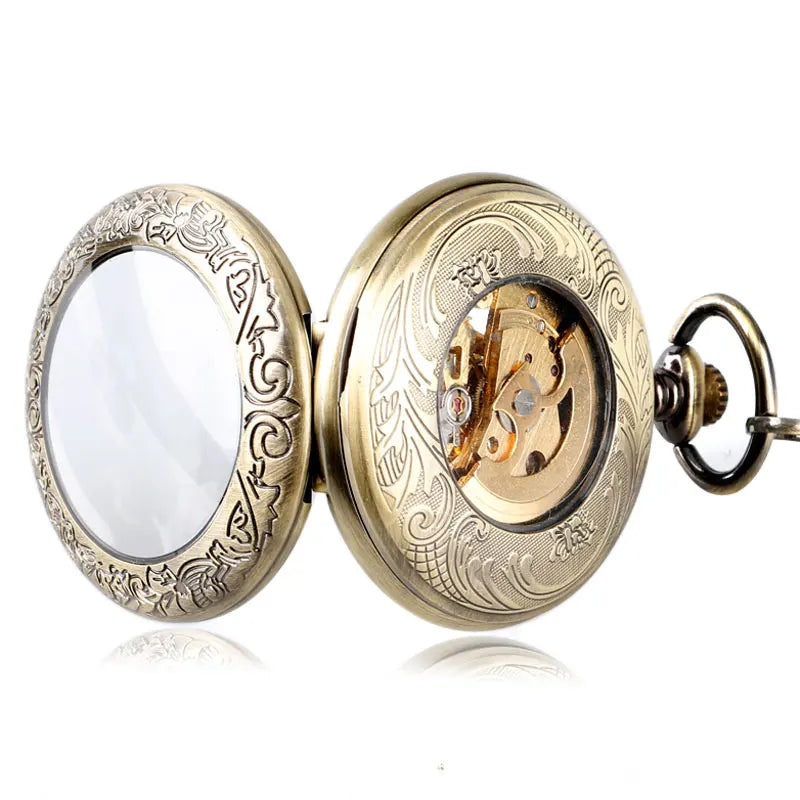 Roman Numerals Steampunk Self Wind Carving Pocket Watch Skeleton Exquisite Automatic Mechanical Bronze Pendant Gift for Nurse