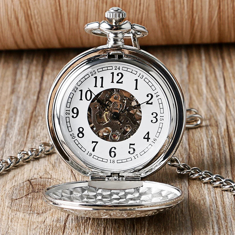 Luxury Silver Shield Pattern Round Dial Mechanical Pocket Watch Casual Antique Fob Watch For Men Women montre de poche mécanique