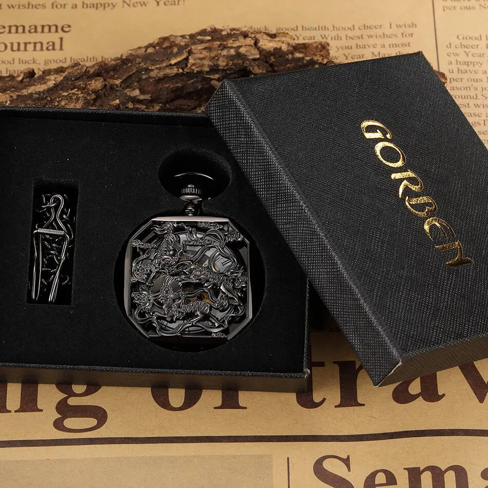 New Square Mehanical Pocket Watch Chains Chinese Beast Kylin Hollow Skeleton Engraved Fob Watches Steampunk for Men Women Reloj