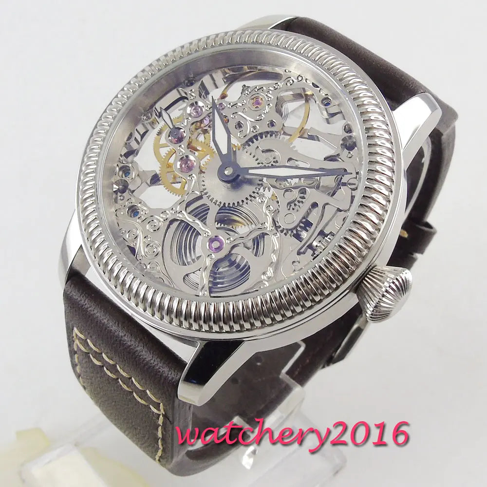 44mm PARNIS Hollow Men's Watch Luminous Hands 17 Jewels Mechanical 6497 Skeleton Hand Winding Movement Men's Watch