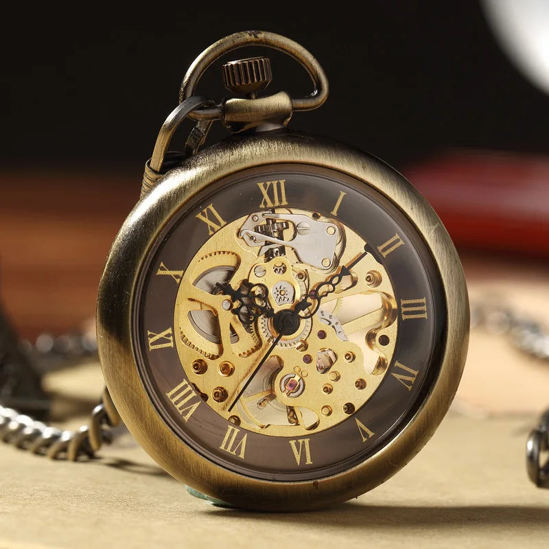 Luxury Retro Mechanical Pocket Watch Chain Skeleton Luxury Hand Winding Metal Fob Clock Relogio De Bolso Gifts For Men Woman