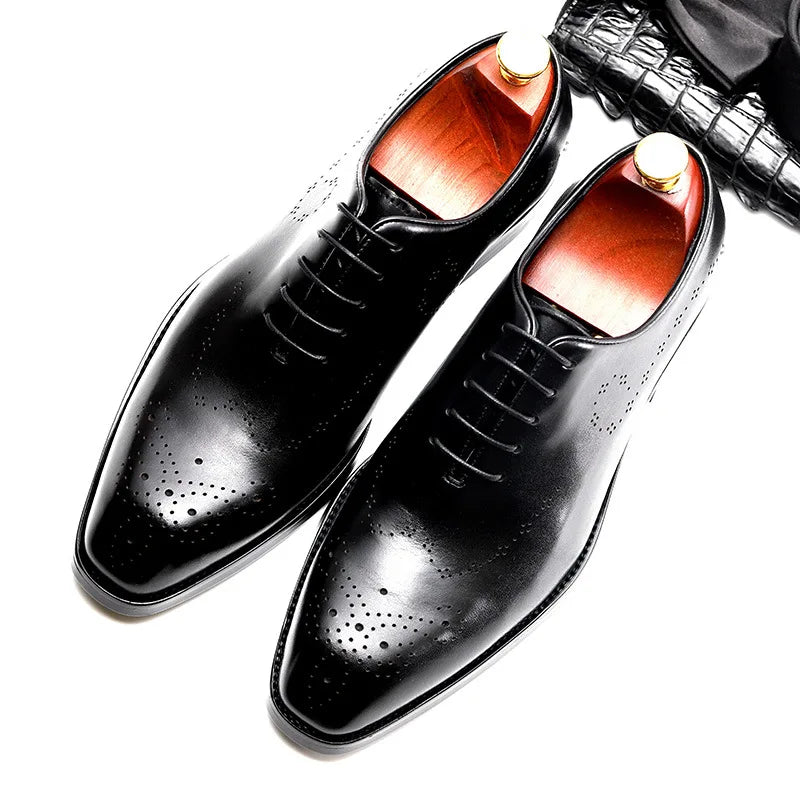 PJCMG Fashion Men Oxford Male Black/Red Lace-Up Solid Pointed Toe Dress Genuine Leather Wedding Business Oxfords Shoes
