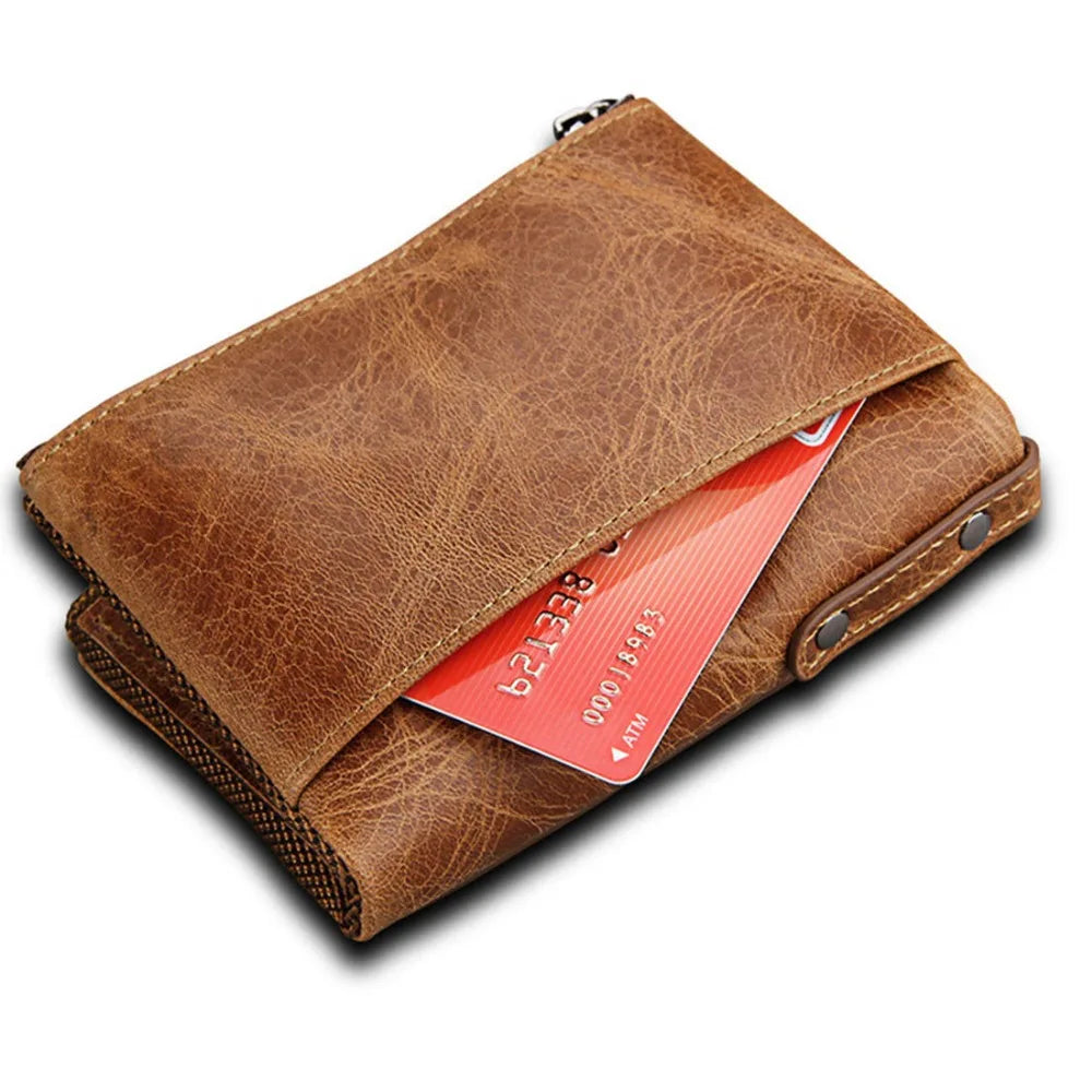 Genuine Cow Leather Men Wallets RFID Double Zipper Card Holder High Quality Male Wallets Purse Vintage Coin Holder Men Wallets