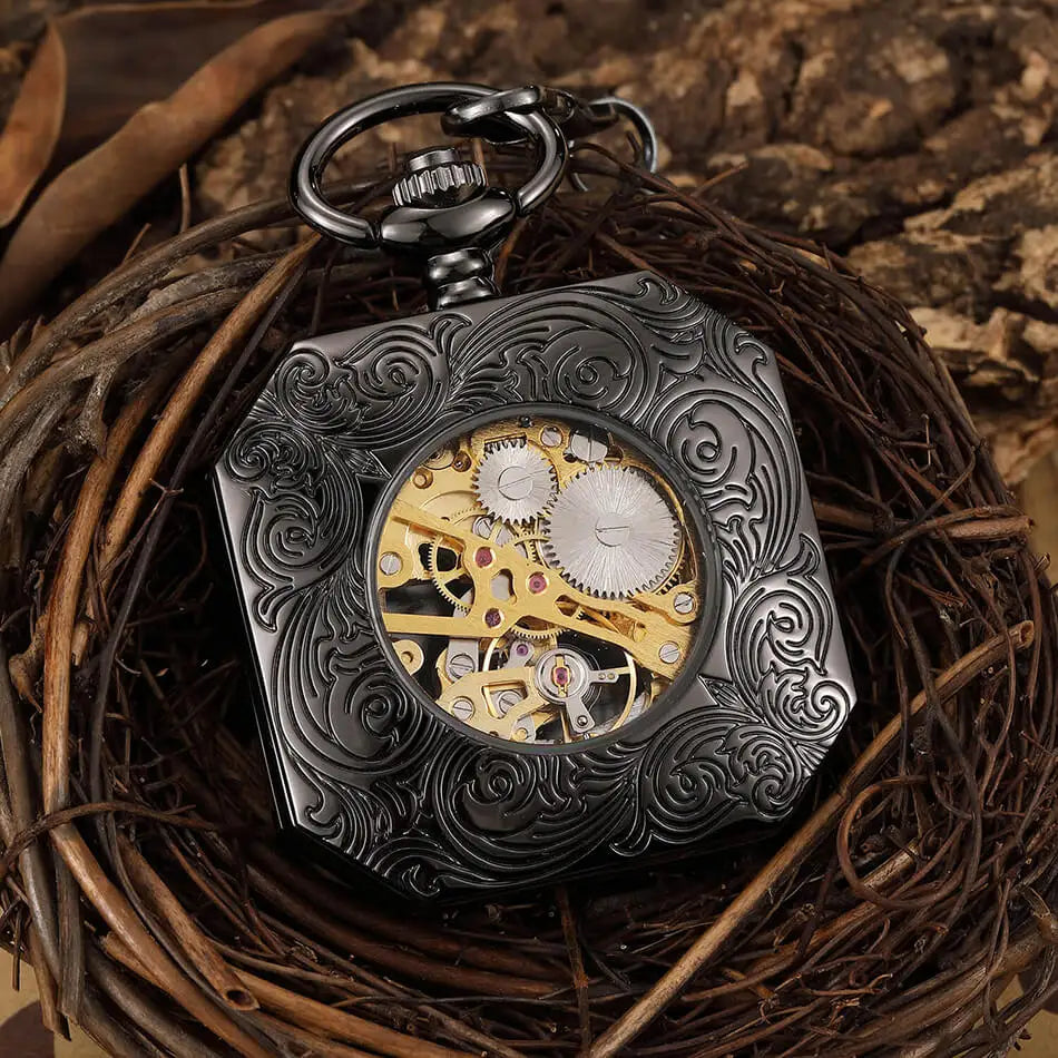 New Square Mehanical Pocket Watch Chains Chinese Beast Kylin Hollow Skeleton Engraved Fob Watches Steampunk for Men Women Reloj