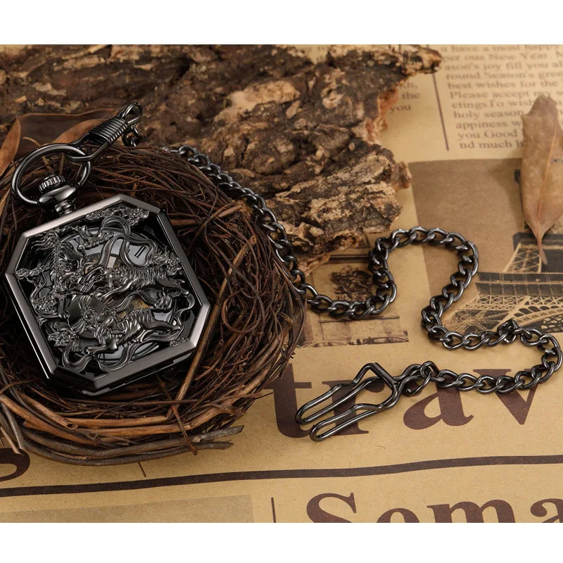 Black Hollow Chinese Mascot Lion Hand Wind Mechanical Pocket Watch Men Retro Skeleton Fob Chain Watch Steampunk Clock Gift Box