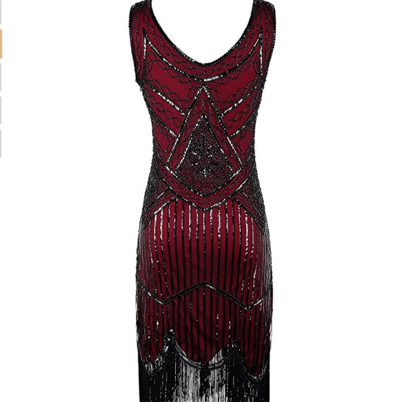 Women 1920s Great Gastby Sequin Art Deco Double Flapper Dresses Vintage V Neck Party Dress Embellished Fringed Summer Sleeveless