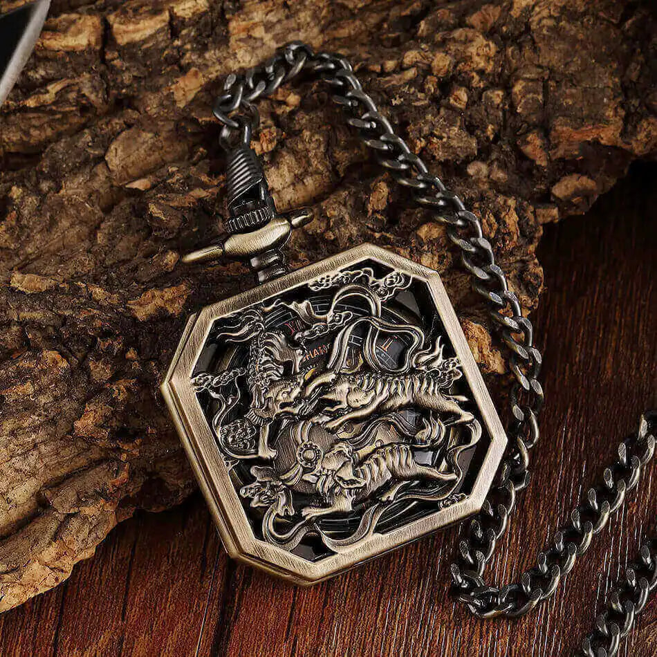 New Square Mehanical Pocket Watch Chains Chinese Beast Kylin Hollow Skeleton Engraved Fob Watches Steampunk for Men Women Reloj
