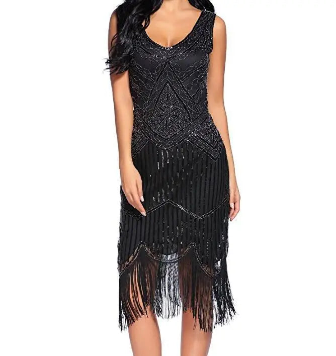 Women 1920s Great Gastby Sequin Art Deco Double Flapper Dresses Vintage V Neck Party Dress Embellished Fringed Summer Sleeveless