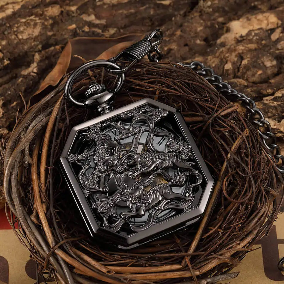 New Square Mehanical Pocket Watch Chains Chinese Beast Kylin Hollow Skeleton Engraved Fob Watches Steampunk for Men Women Reloj