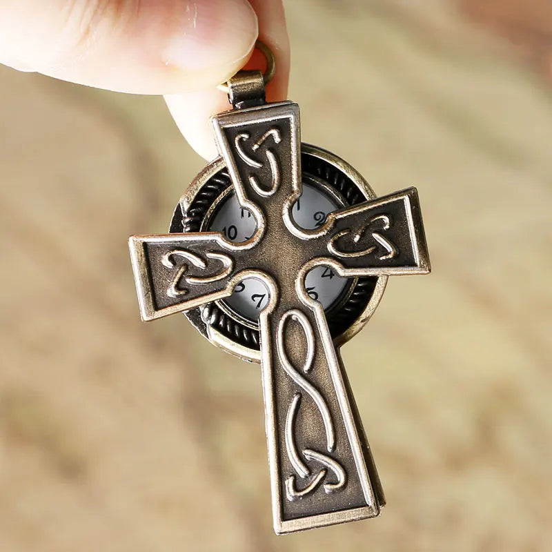 Cool Cross Design Vintage Bronze Quartz Fob Pendant Pocket Watch With Necklace Chain Best Gift